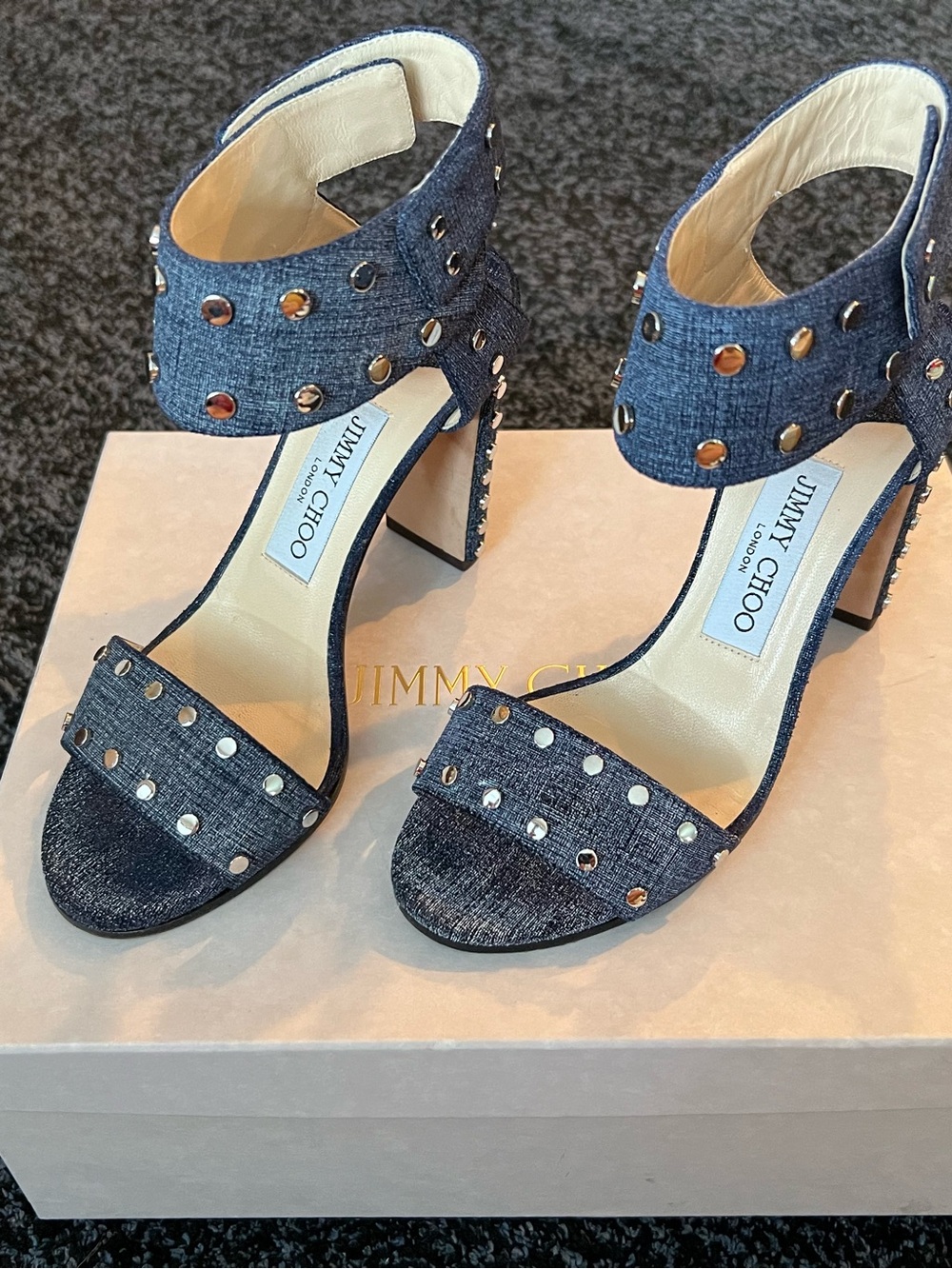 Jimmy Choo Veto Navy Denim Studded Block Heel Sandals - 36